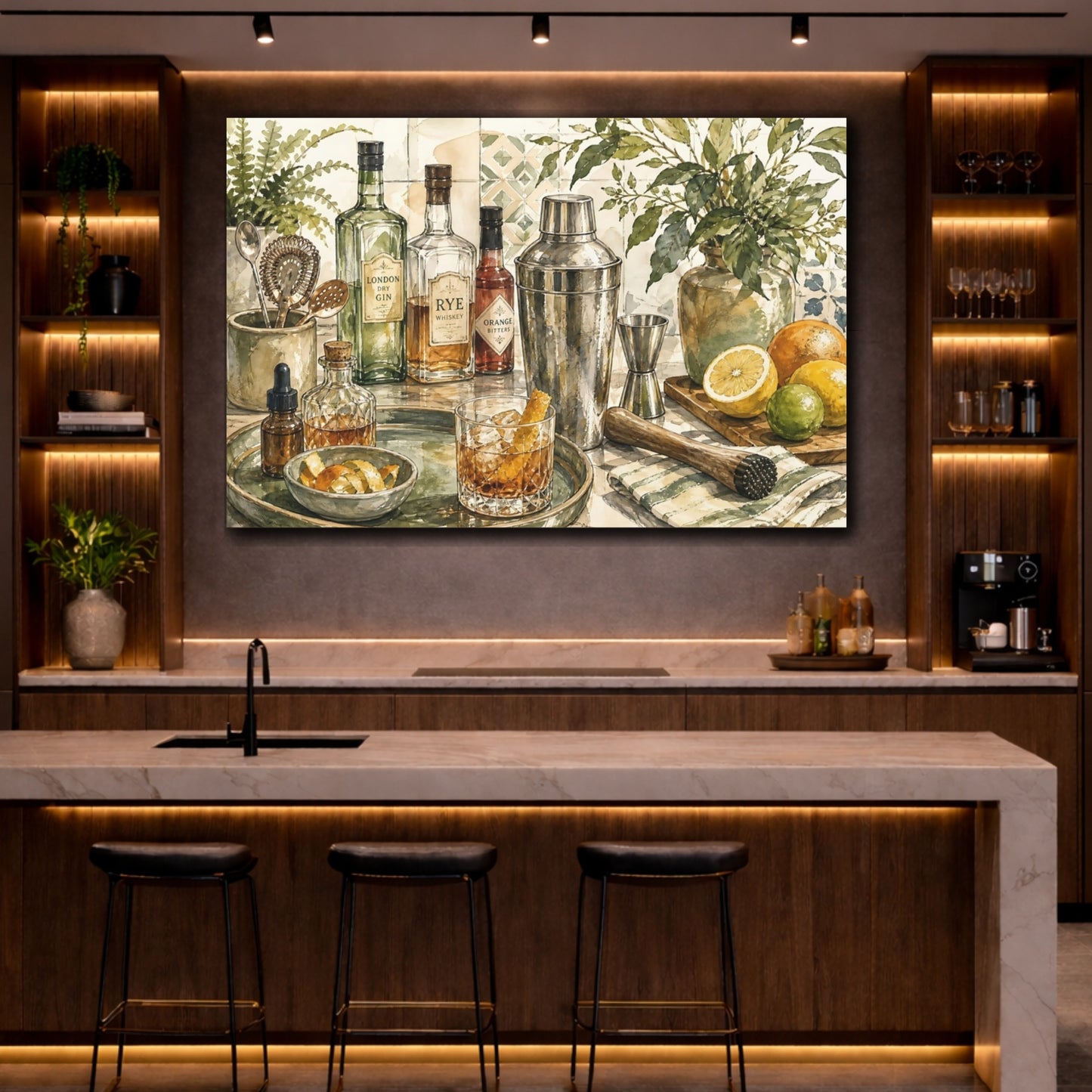 Mockup 2. Vintage Cocktail Bar Cocktail Bar Art shown as stretched canvas wall art