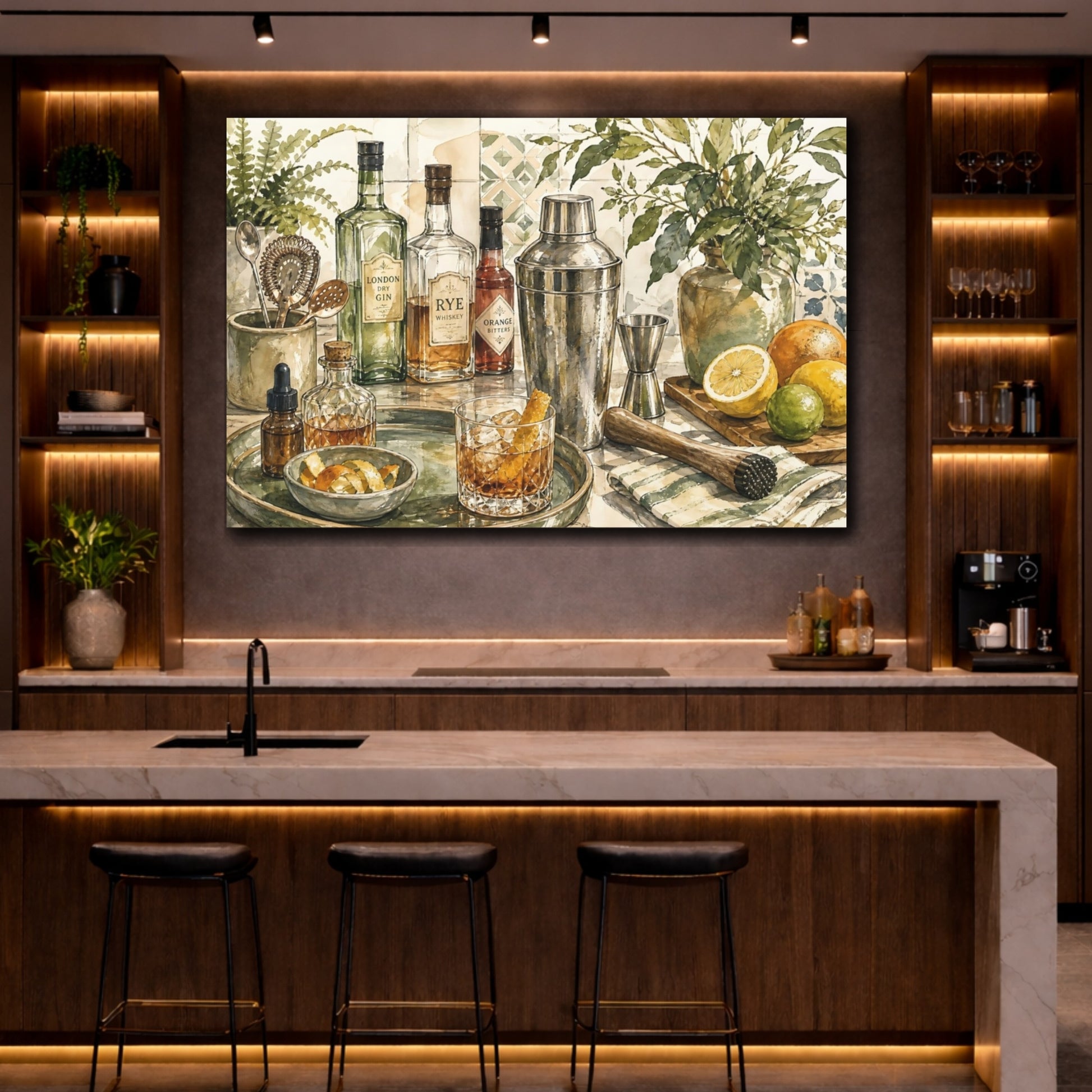 Mockup 2. Vintage Cocktail Bar Cocktail Bar Art shown as stretched canvas wall art