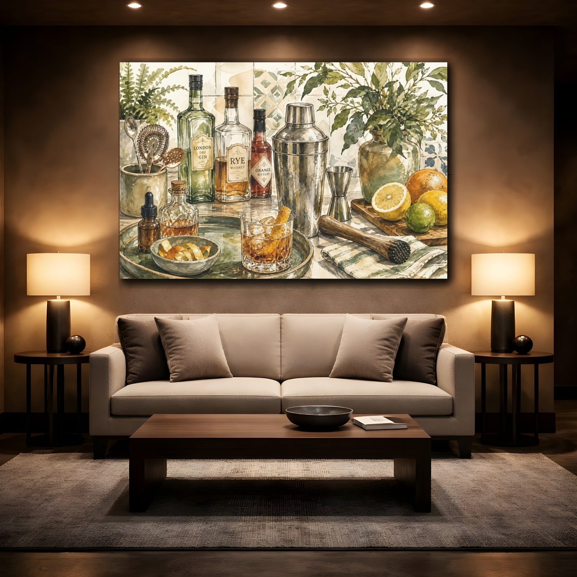 Mockup 3. Vintage Cocktail Bar Cocktail Bar Art shown as stretched canvas wall art
