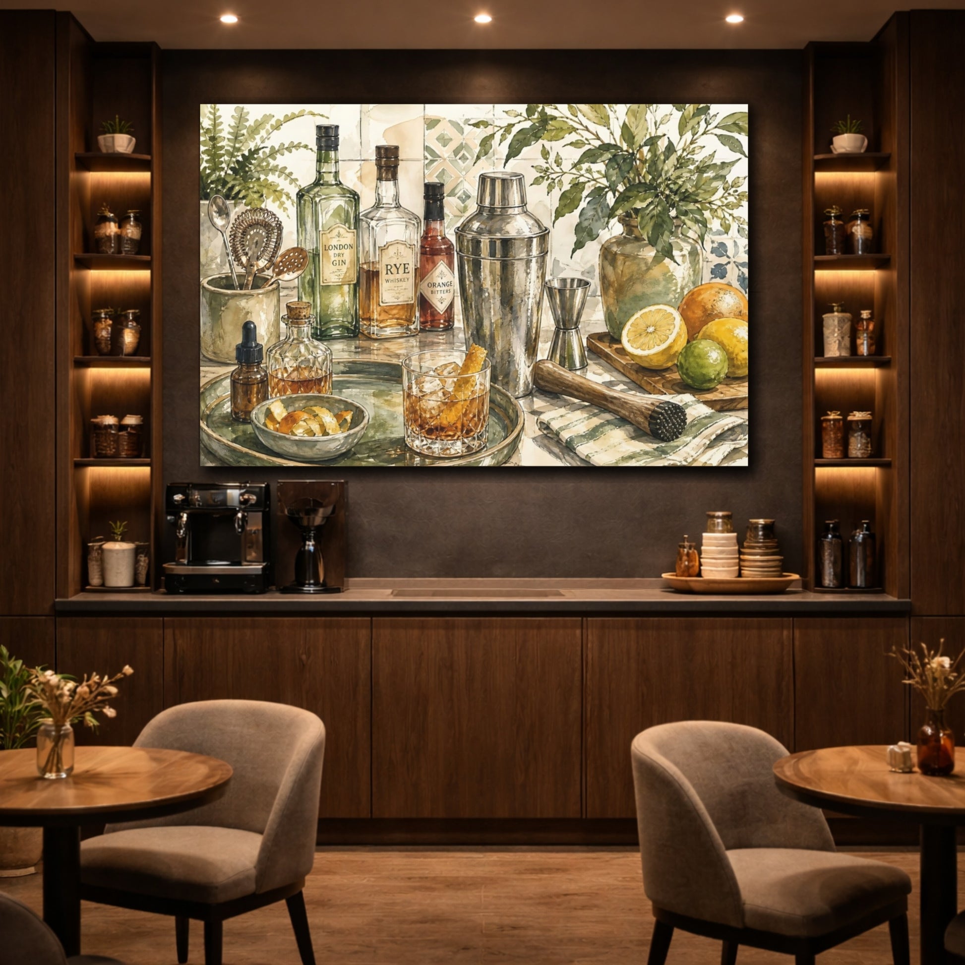 Mockup 4. Vintage Cocktail Bar Cocktail Bar Art shown as stretched canvas wall art