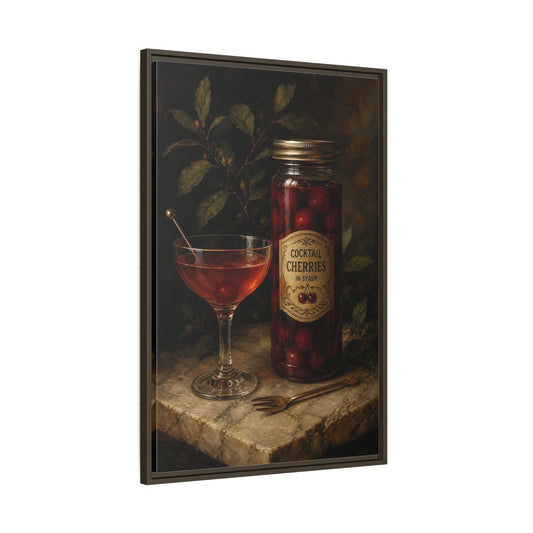 Main Mockup. Vintage Cocktail Cherries Dark Red Cherries shown as framed canvas print