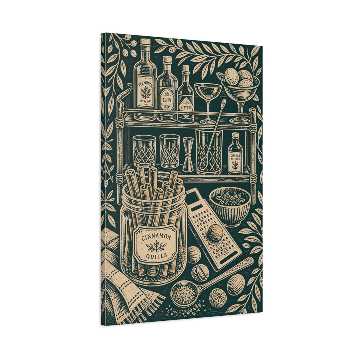 Main Mockup. Vintage Cocktail Essentials Dark Green And Beige shown as stretched canvas wall art