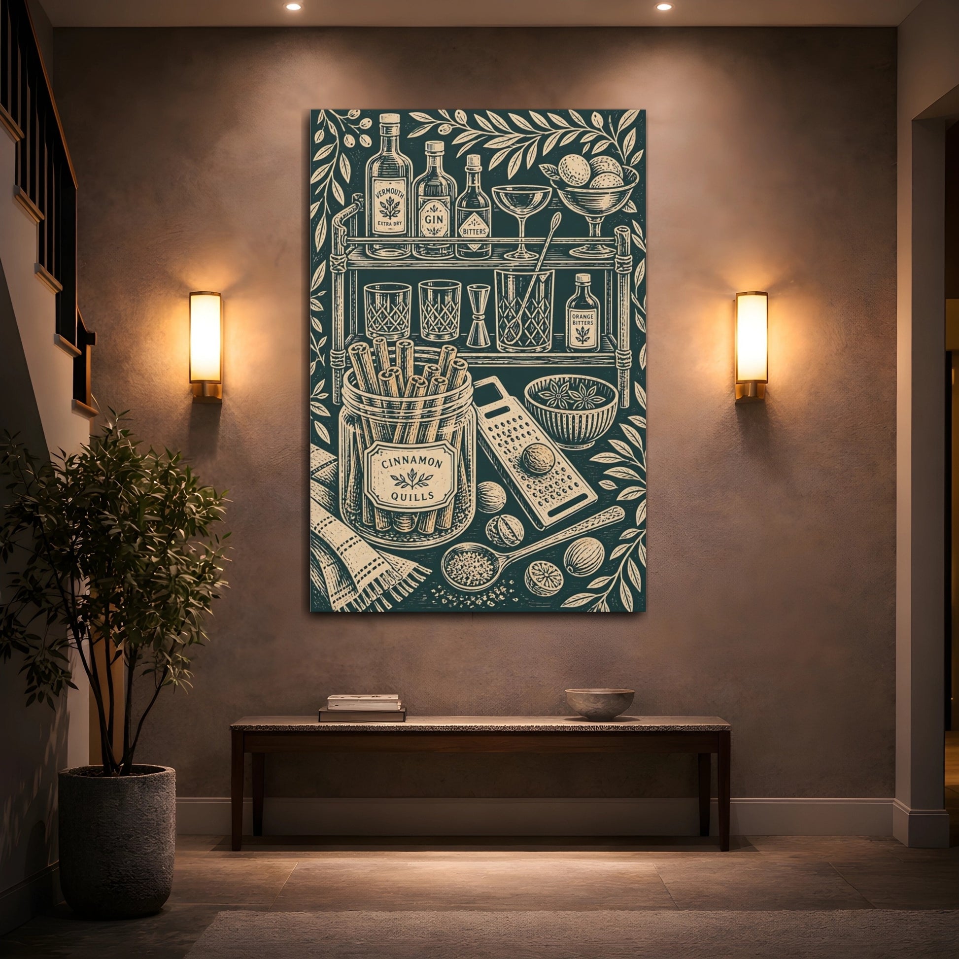Mockup 2. Vintage Cocktail Essentials Dark Green And Beige shown as stretched canvas wall art