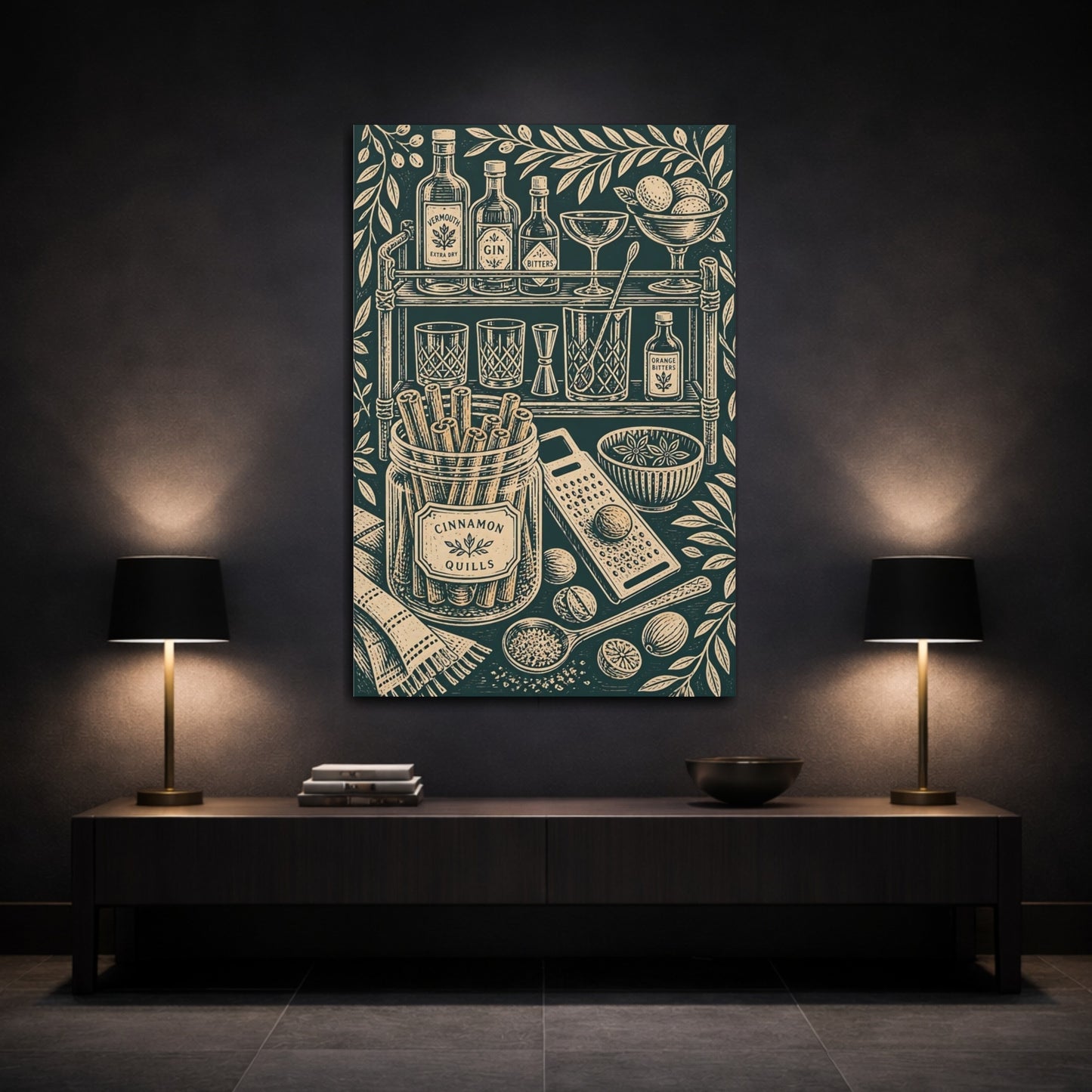 Mockup 3. Vintage Cocktail Essentials Dark Green And Beige shown as stretched canvas wall art