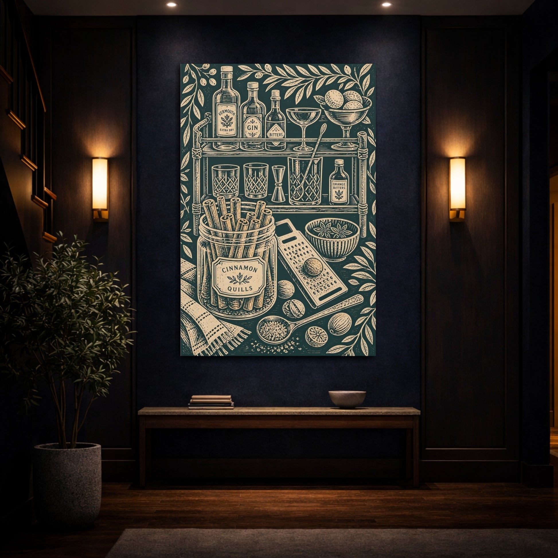 Mockup 4. Vintage Cocktail Essentials Dark Green And Beige shown as stretched canvas wall art