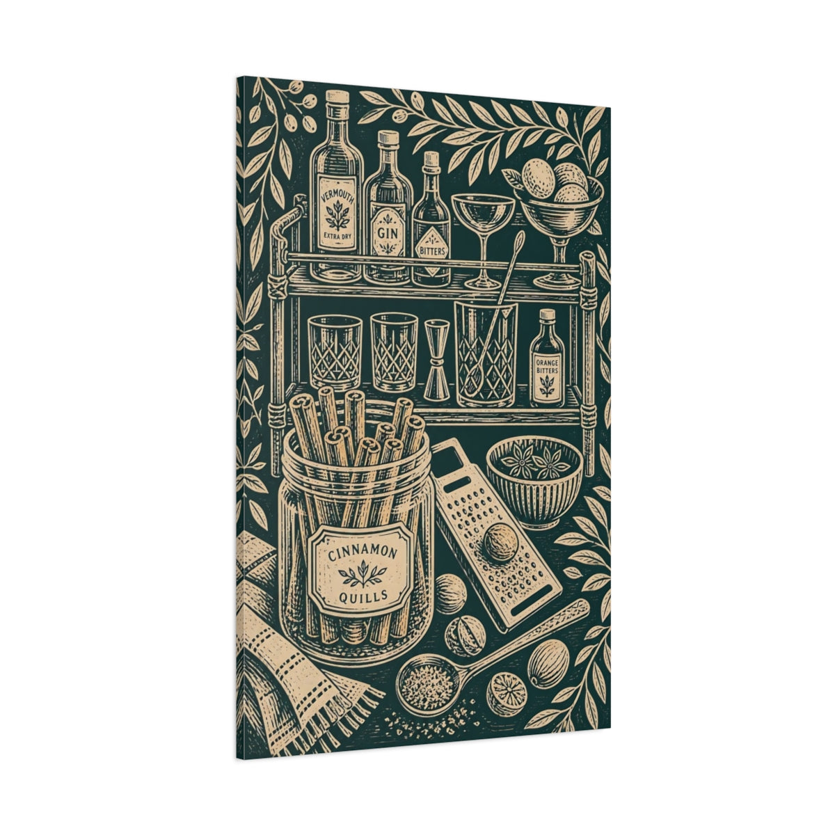 Side Mockup 1. Vintage Cocktail Essentials Dark Green And Beige shown as stretched canvas wall art