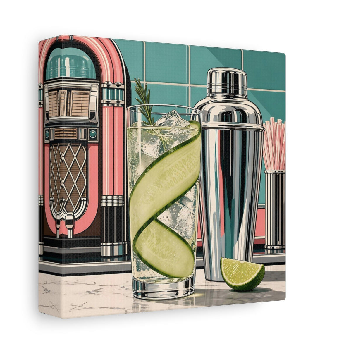 Side Mockup 2. Vintage Cocktail Retro Cocktail shown as stretched canvas wall art
