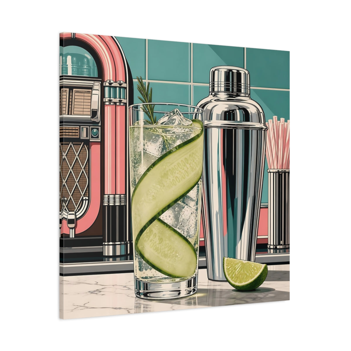 Side Mockup 1. Vintage Cocktail Retro Cocktail shown as stretched canvas wall art