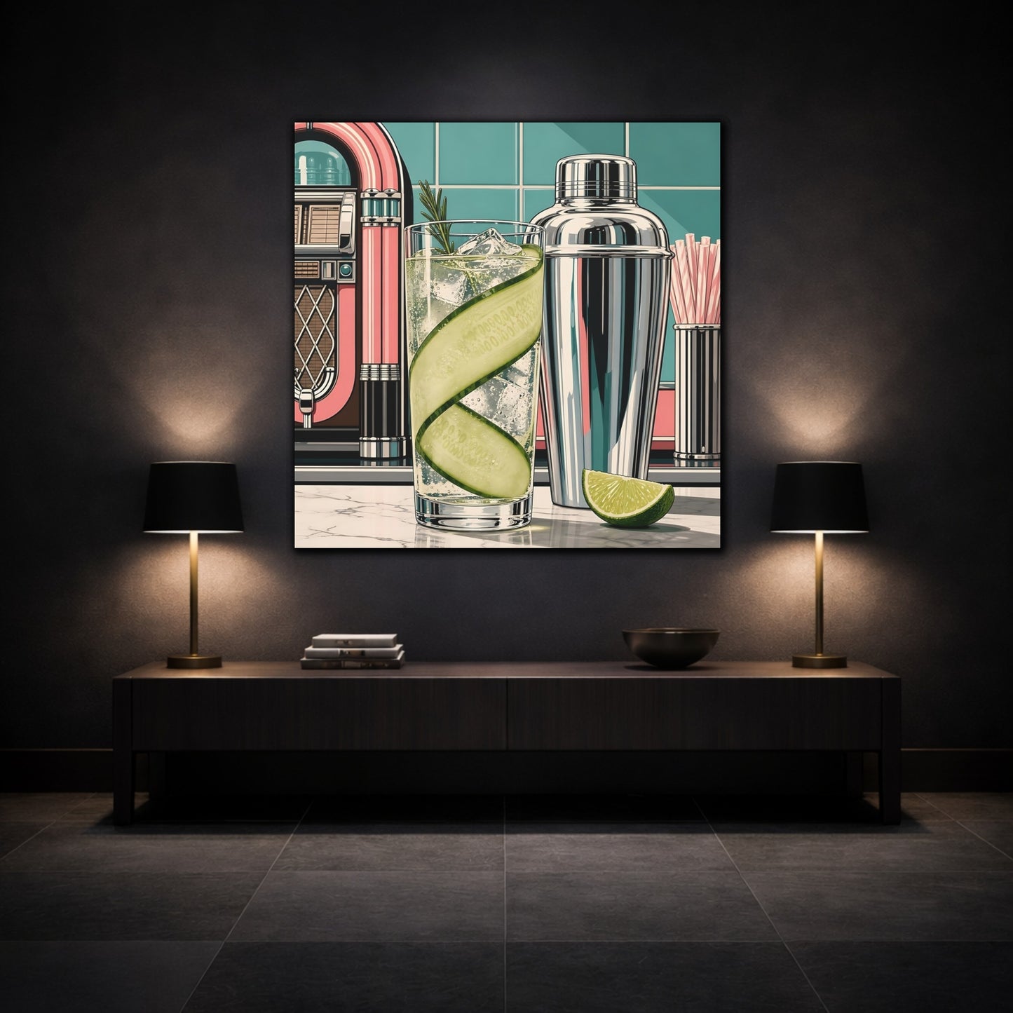 Mockup 3. Vintage Cocktail Retro Cocktail shown as stretched canvas wall art