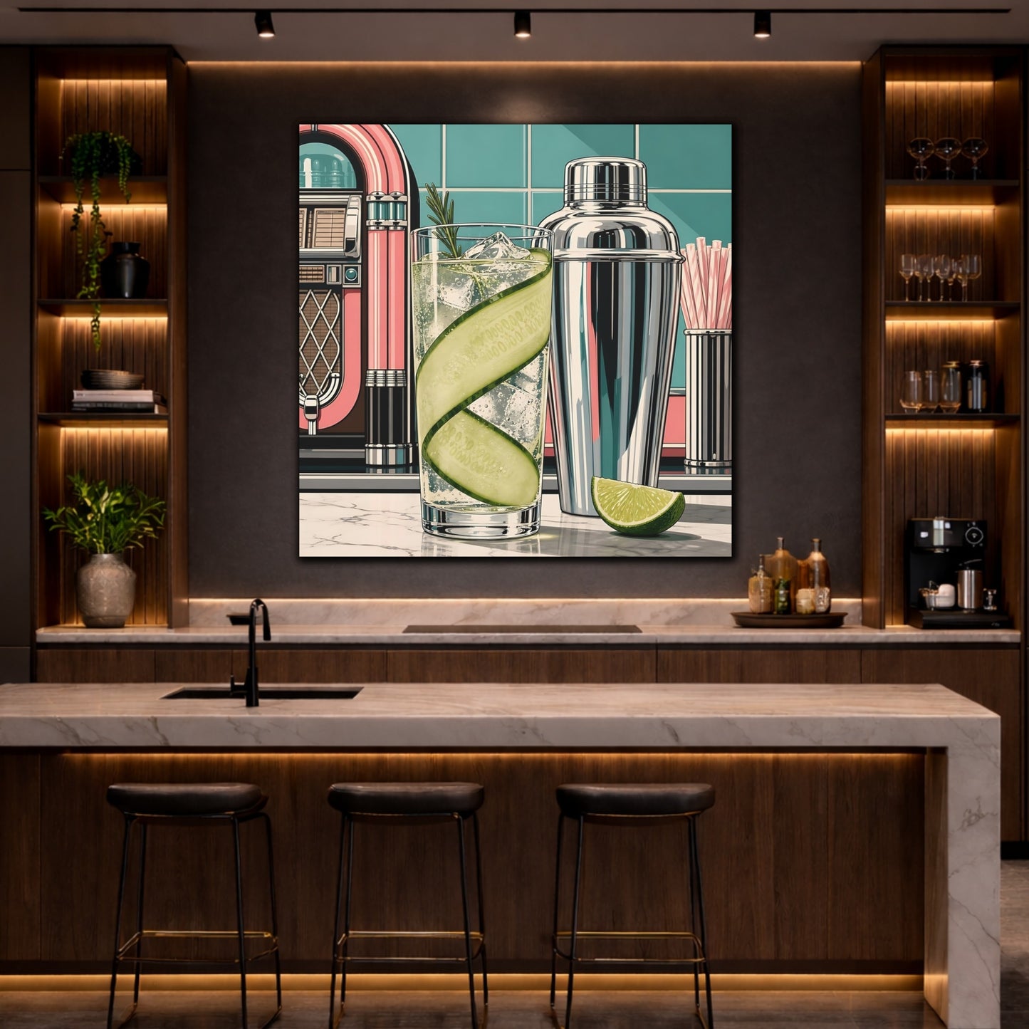 Mockup 4. Vintage Cocktail Retro Cocktail shown as stretched canvas wall art