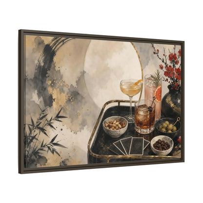 Main Mockup. Vintage Cocktail Tray Gold Black Red shown as stretched canvas wall art