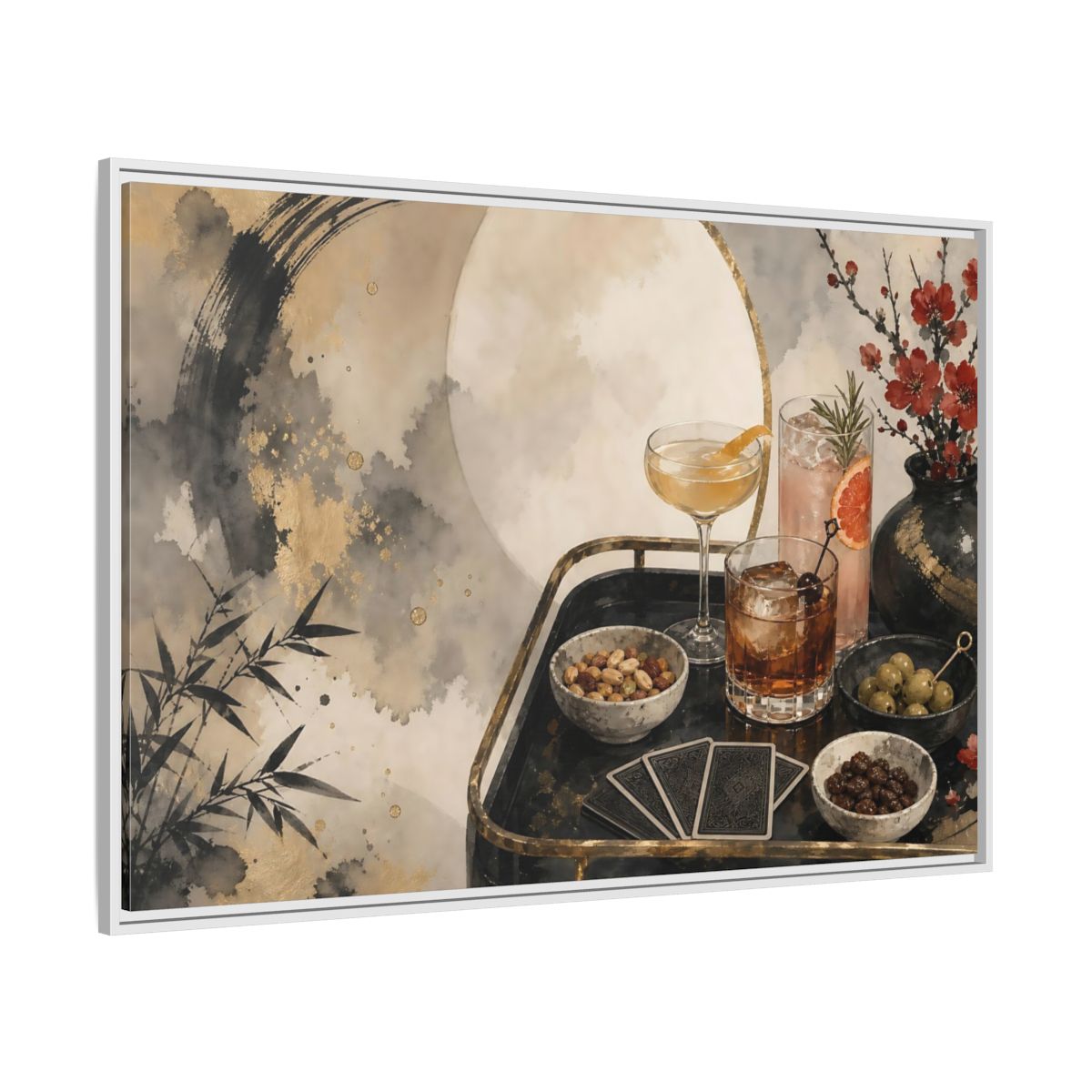 Side Mockup 7. Vintage Cocktail Tray Gold Black Red shown as stretched canvas wall art