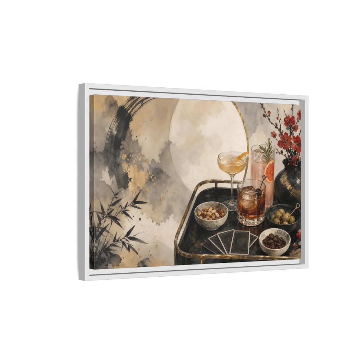 Side Mockup 1. Vintage Cocktail Tray Gold Black Red shown as stretched canvas wall art