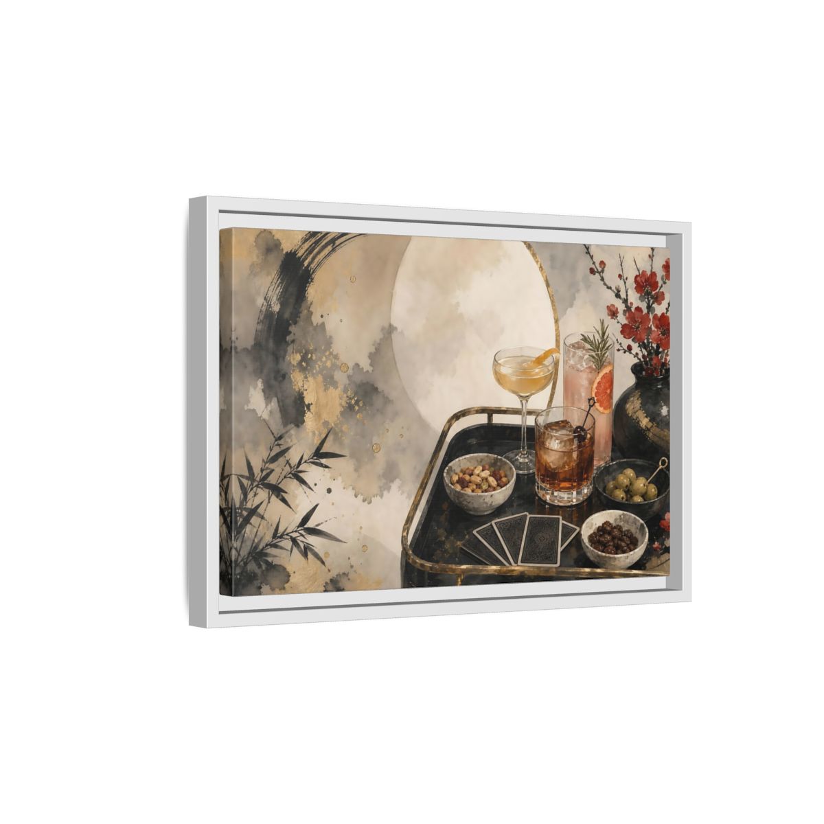 Side Mockup 4. Vintage Cocktail Tray Gold Black Red shown as stretched canvas wall art