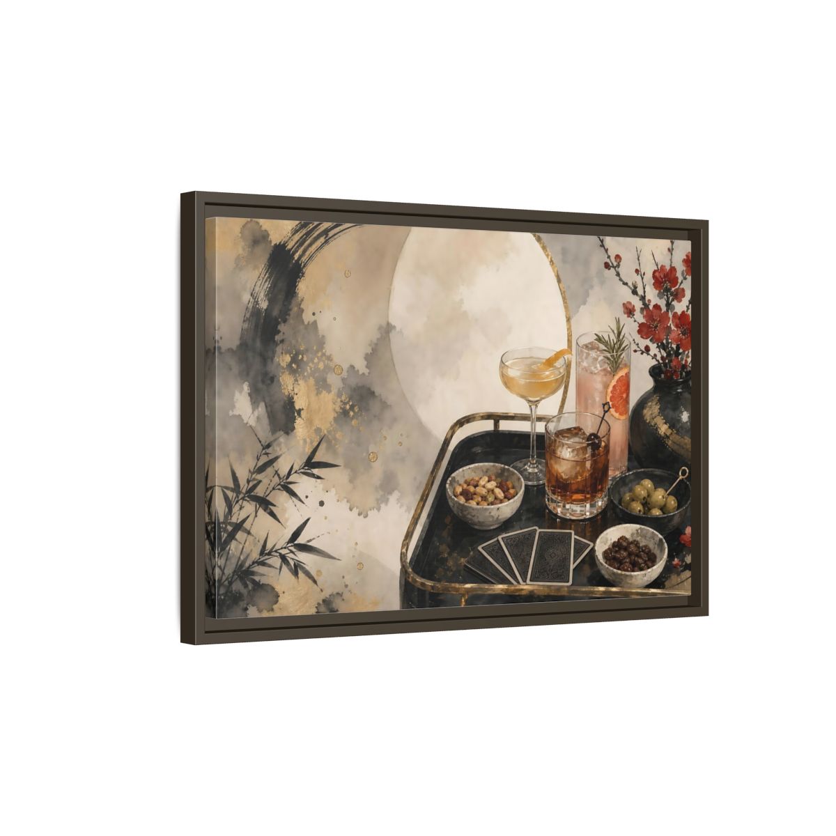 Side Mockup 2. Vintage Cocktail Tray Gold Black Red shown as stretched canvas wall art