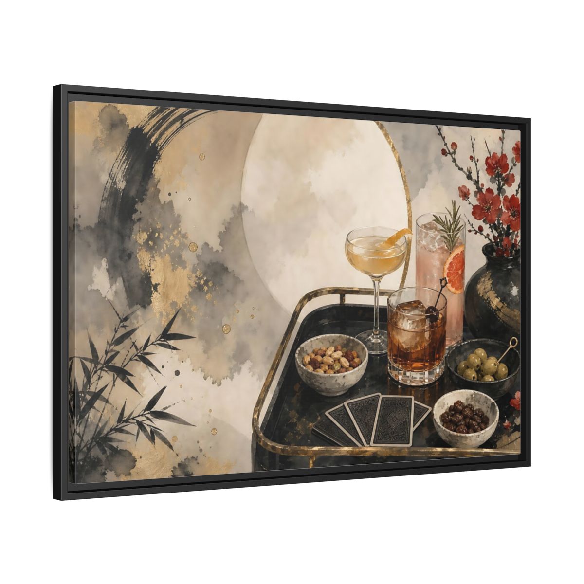 Side Mockup 13. Vintage Cocktail Tray Gold Black Red shown as stretched canvas wall art