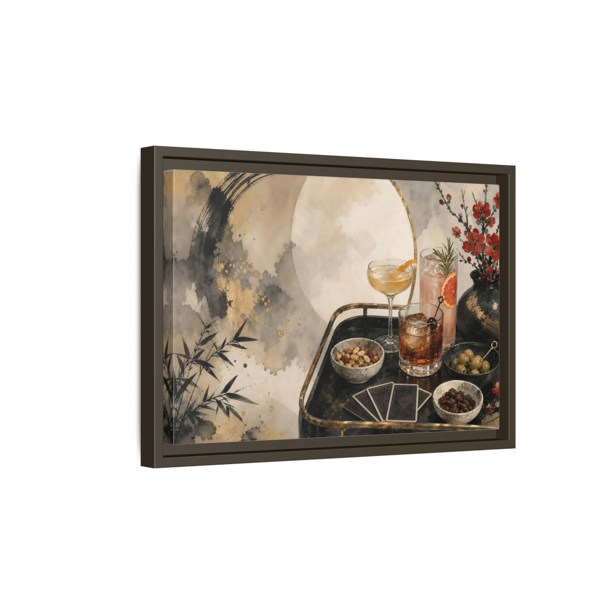 Side Mockup 5. Vintage Cocktail Tray Gold Black Red shown as stretched canvas wall art
