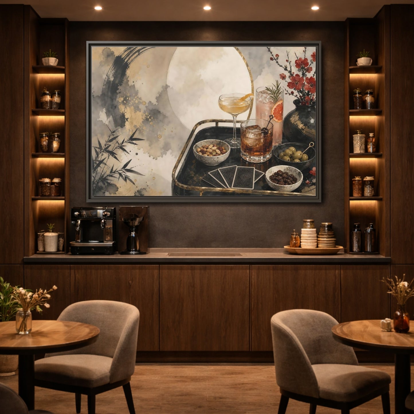 Mockup 2. Vintage Cocktail Tray Gold Black Red shown as stretched canvas wall art