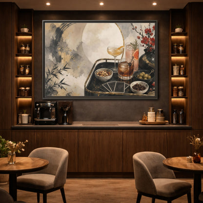 Mockup 2. Vintage Cocktail Tray Gold Black Red shown as stretched canvas wall art