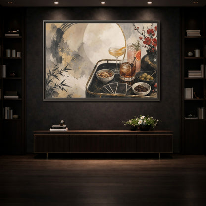 Mockup 3. Vintage Cocktail Tray Gold Black Red shown as stretched canvas wall art
