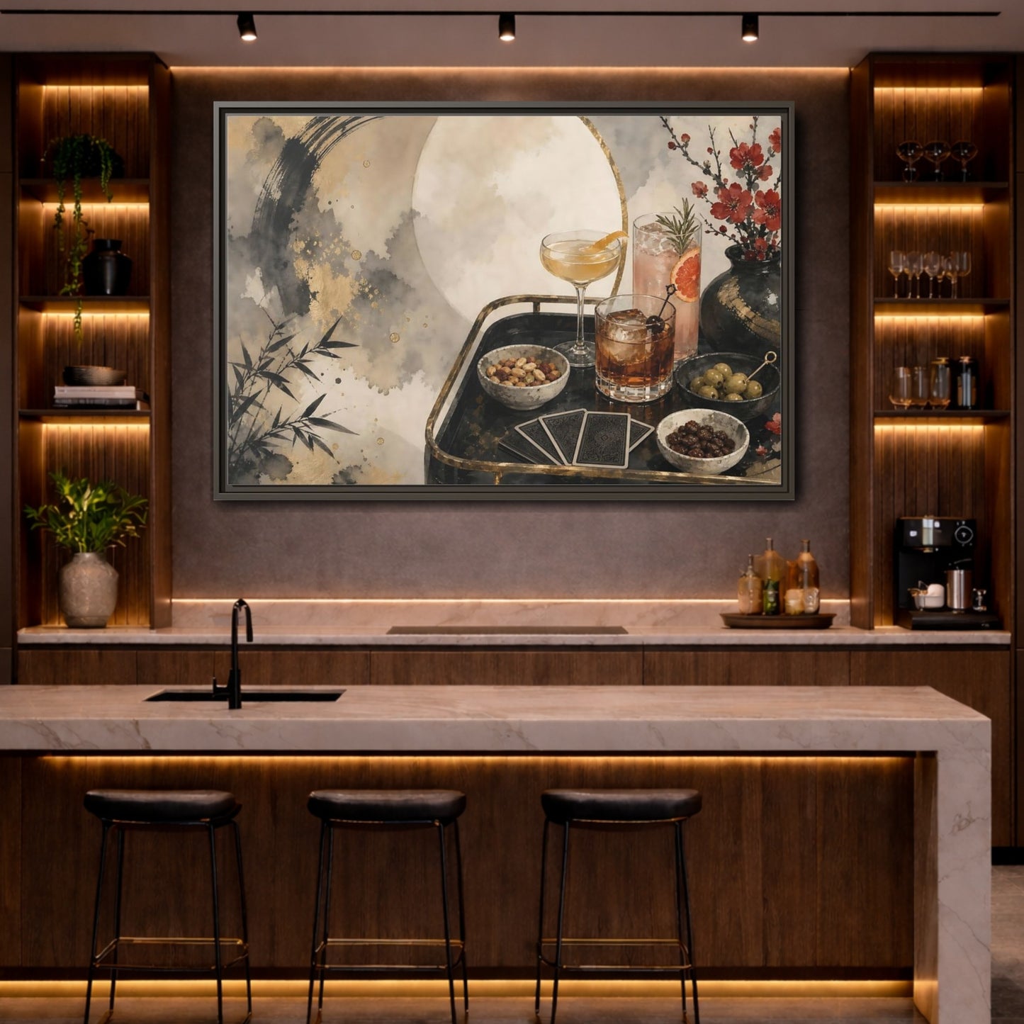 Mockup 4. Vintage Cocktail Tray Gold Black Red shown as stretched canvas wall art