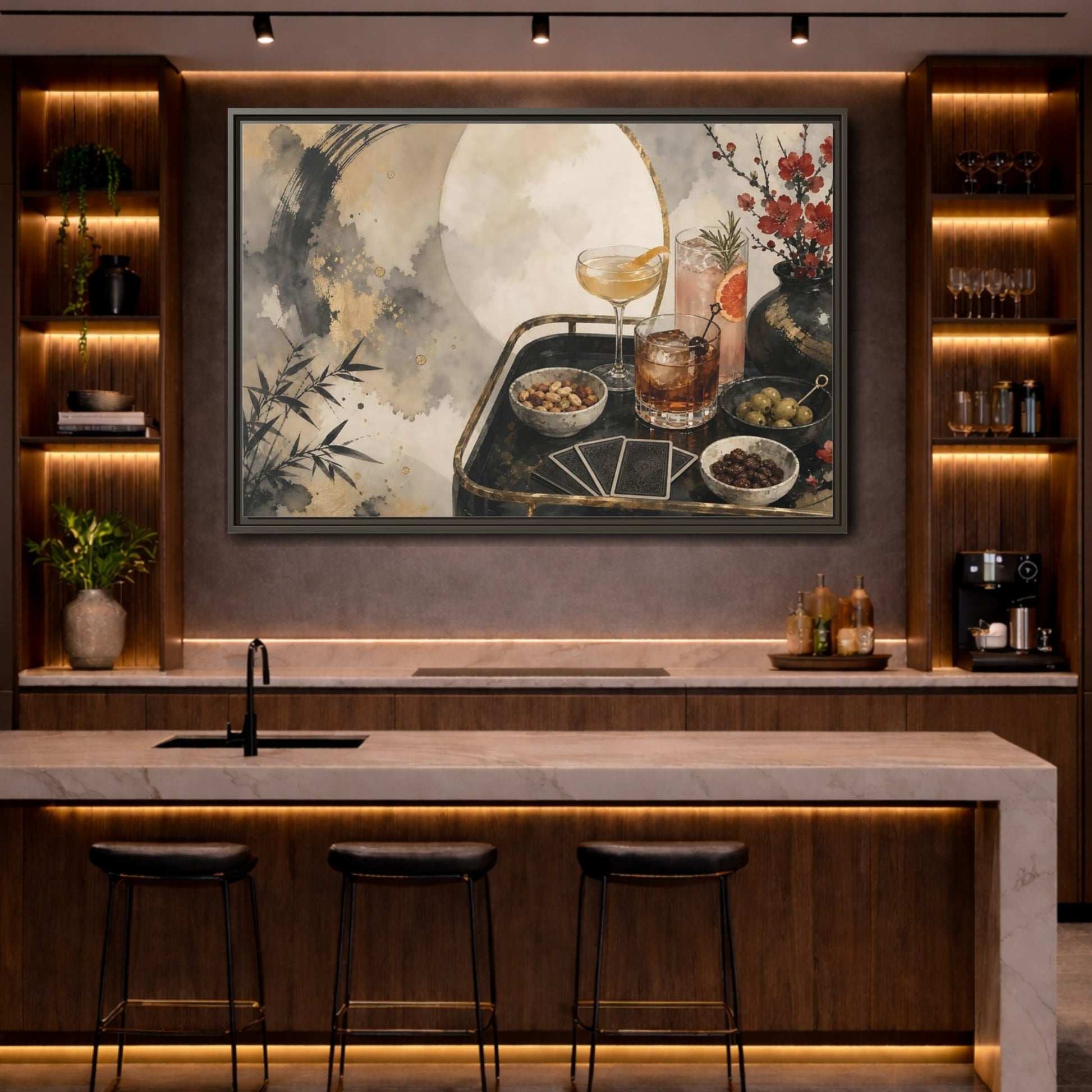 Mockup 4. Vintage Cocktail Tray Gold Black Red shown as stretched canvas wall art
