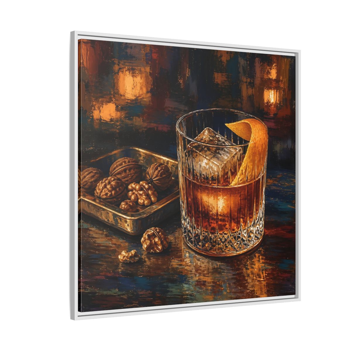 Side Mockup 4. Vintage Cocktail, Walnuts Warm Tones shown as stretched canvas wall art