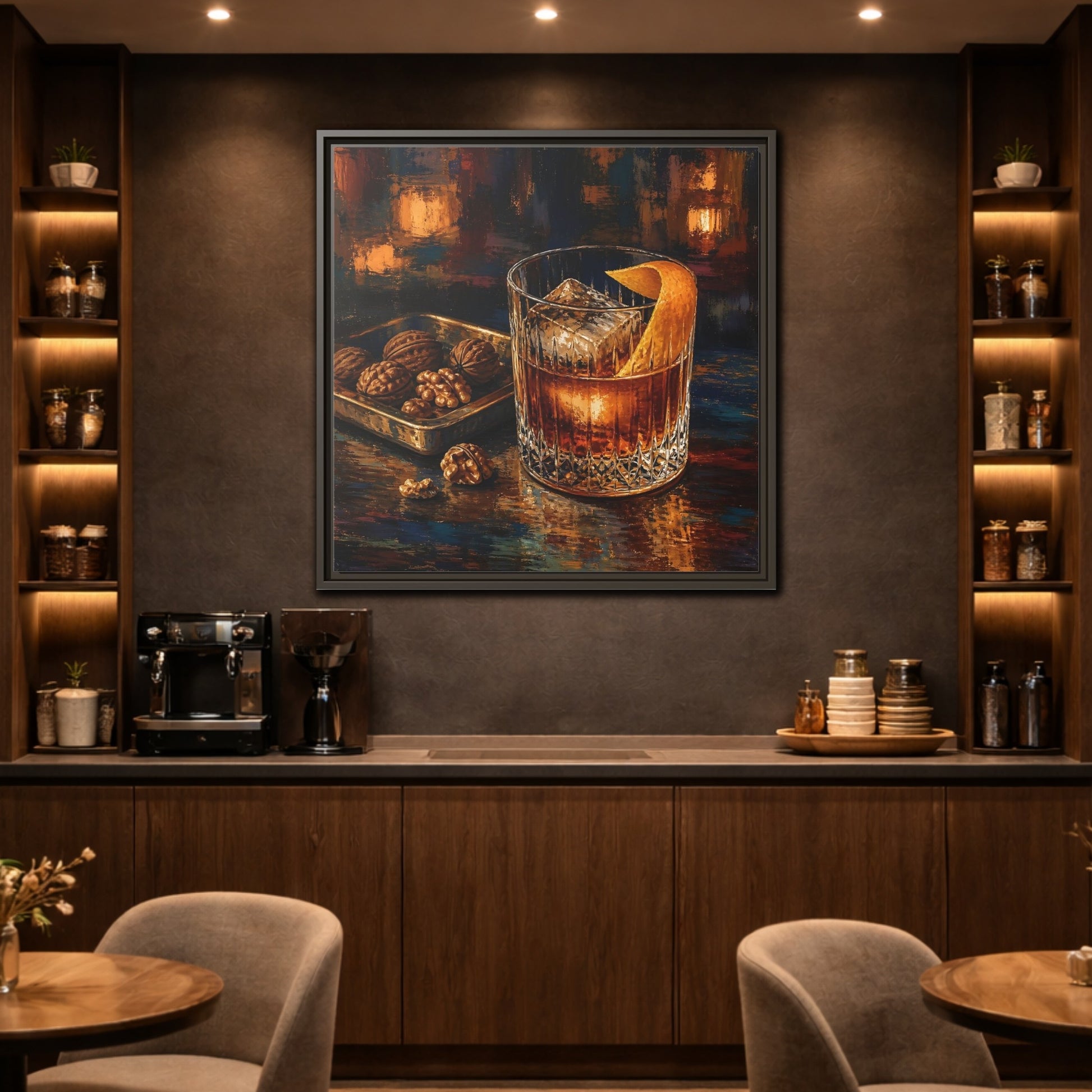 Mockup 2. Vintage Cocktail, Walnuts Warm Tones shown as stretched canvas wall art