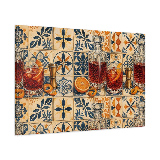Main Mockup. Vintage Cocktails Blue Orange Cocktail shown as stretched canvas wall art