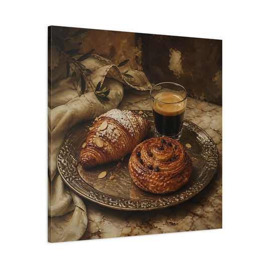 Main Mockup. Vintage Coffee & Pastries Brown And Gold shown as stretched canvas wall art