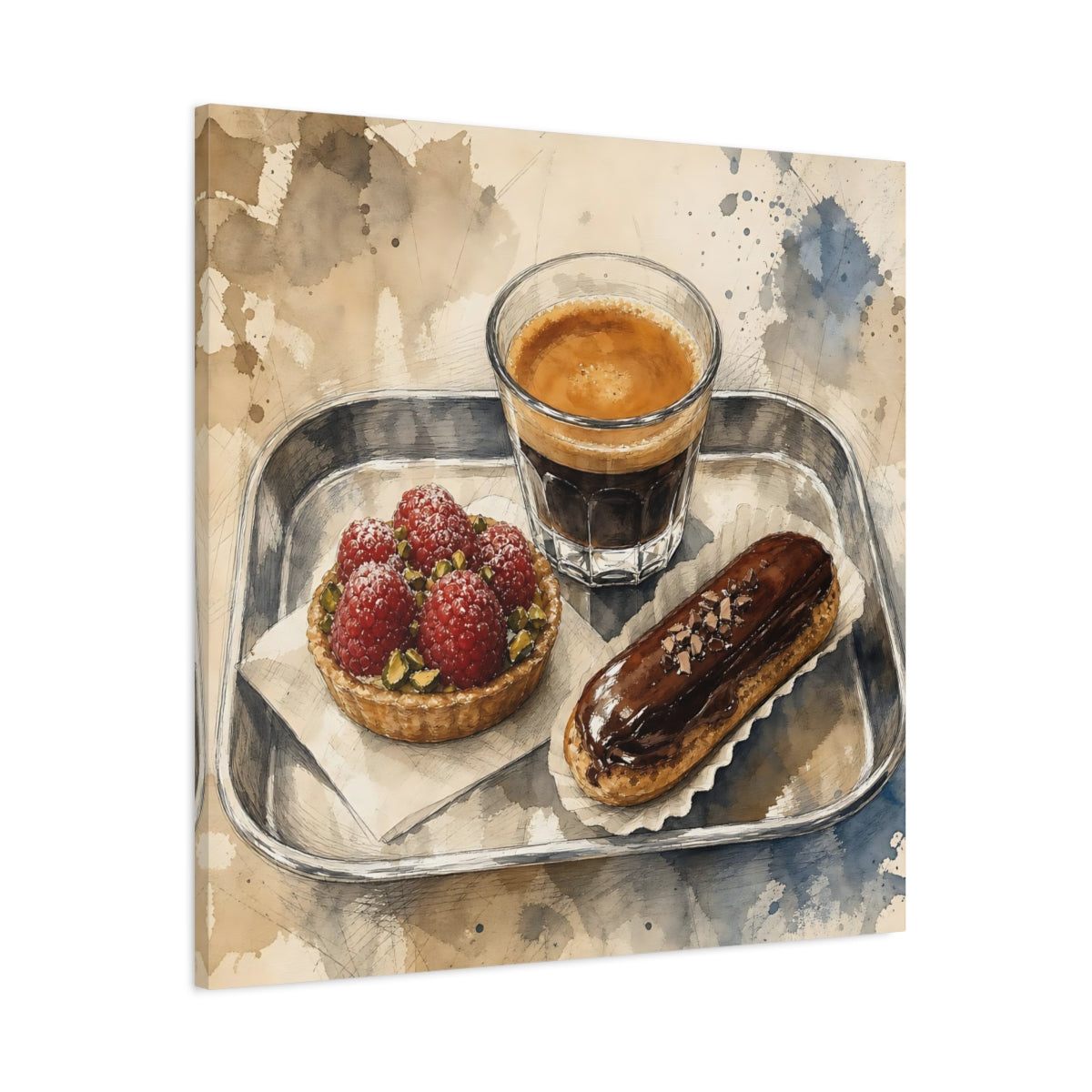 Main Mockup. Vintage Coffee And Pastries Coffee Dessert Art shown as stretched canvas wall art