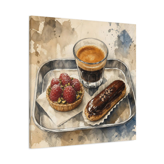 Main Mockup. Vintage Coffee And Pastries Coffee Dessert Art shown as stretched canvas wall art