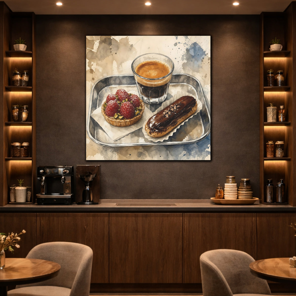 Mockup 2. Vintage Coffee And Pastries Coffee Dessert Art shown as stretched canvas wall art