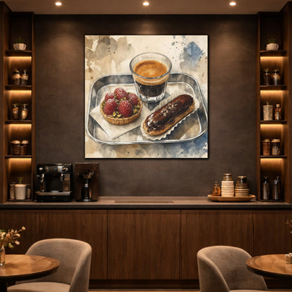 Mockup 2. Vintage Coffee And Pastries Coffee Dessert Art shown as stretched canvas wall art