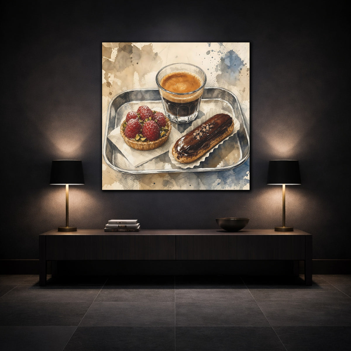 Mockup 3. Vintage Coffee And Pastries Coffee Dessert Art shown as stretched canvas wall art
