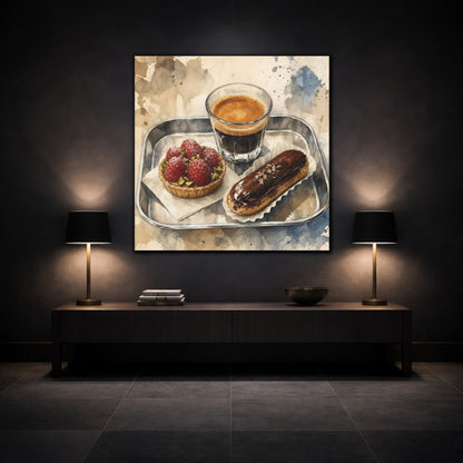 Mockup 3. Vintage Coffee And Pastries Coffee Dessert Art shown as stretched canvas wall art