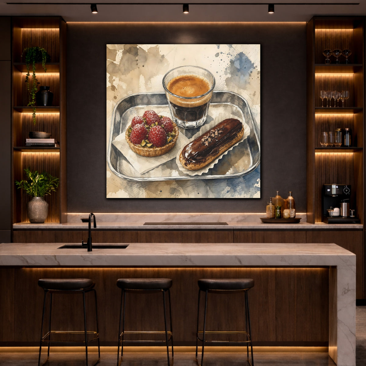 Mockup 4. Vintage Coffee And Pastries Coffee Dessert Art shown as stretched canvas wall art