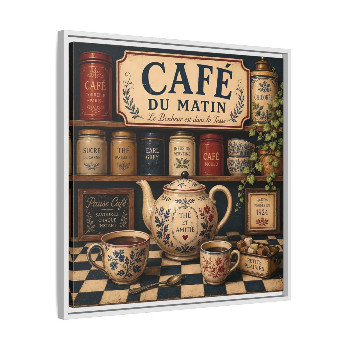 Side Mockup 26. Vintage Coffee And Tea Vintage Coffee shown as stretched canvas wall art