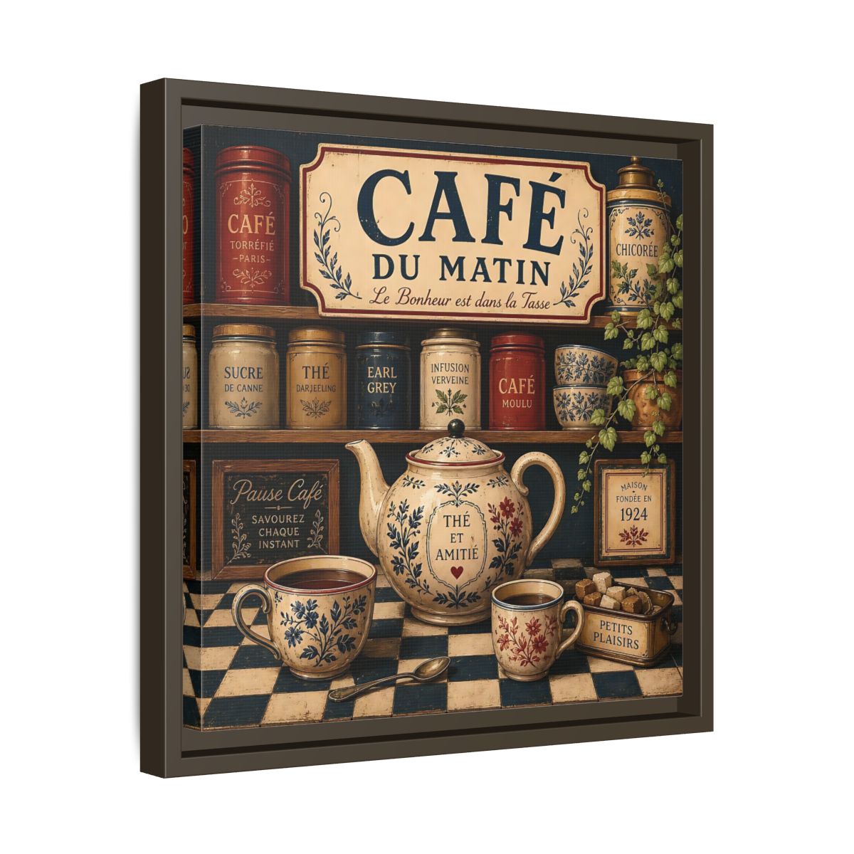 Side Mockup 29. Vintage Coffee And Tea Vintage Coffee shown as stretched canvas wall art