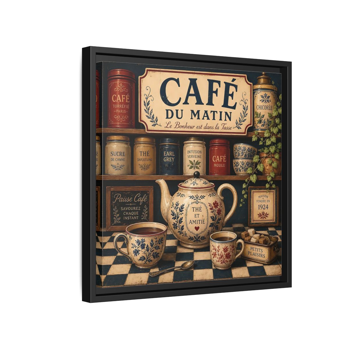 Side Mockup 15. Vintage Coffee And Tea Vintage Coffee shown as stretched canvas wall art