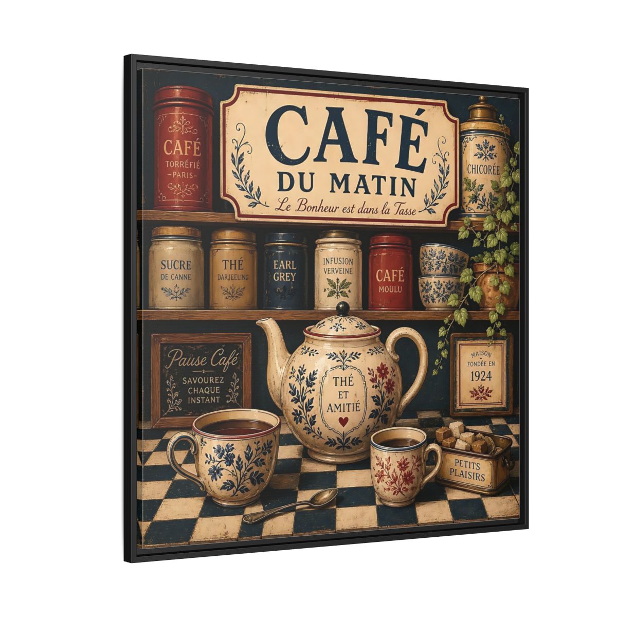 Side Mockup 6. Vintage Coffee And Tea Vintage Coffee shown as stretched canvas wall art