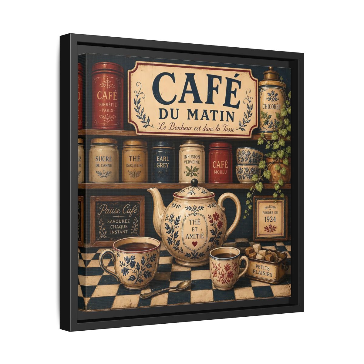 Side Mockup 32. Vintage Coffee And Tea Vintage Coffee shown as stretched canvas wall art