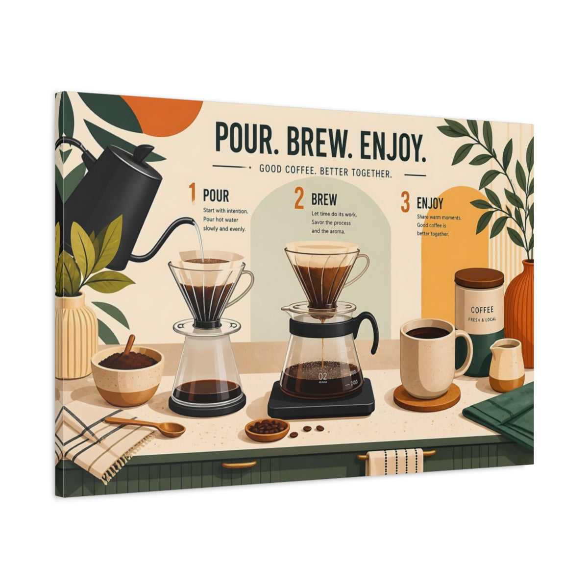 Main Mockup. Vintage Coffee Brewing Brown And Green shown as stretched canvas wall art
