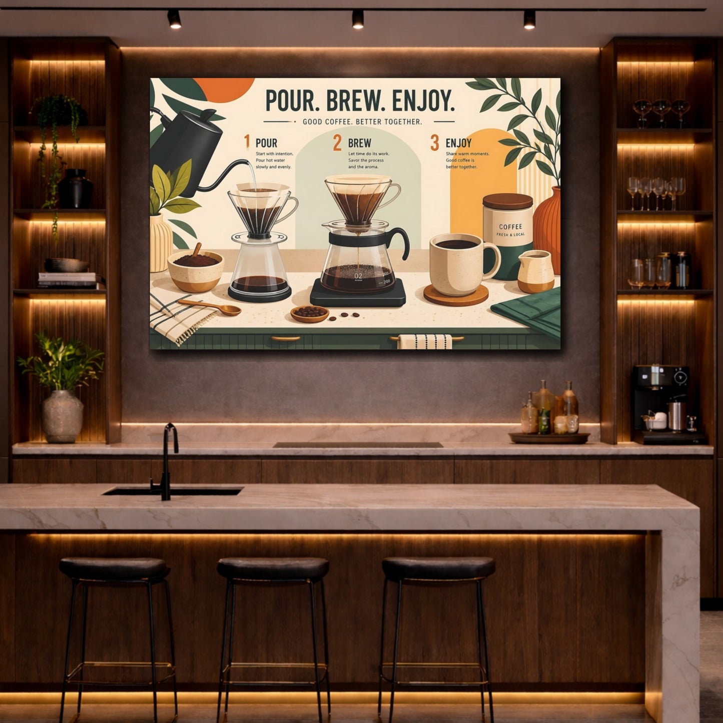 Mockup 2. Vintage Coffee Brewing Brown And Green shown as stretched canvas wall art