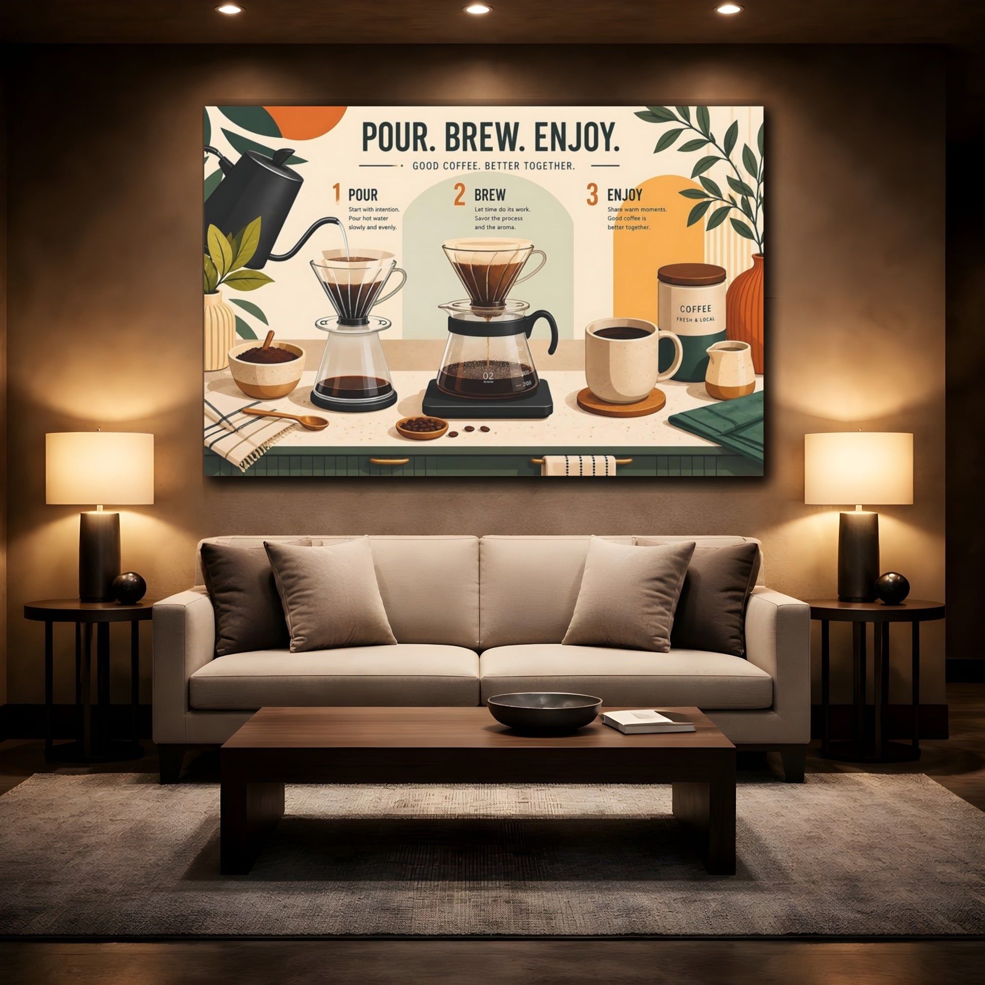 Mockup 3. Vintage Coffee Brewing Brown And Green shown as stretched canvas wall art
