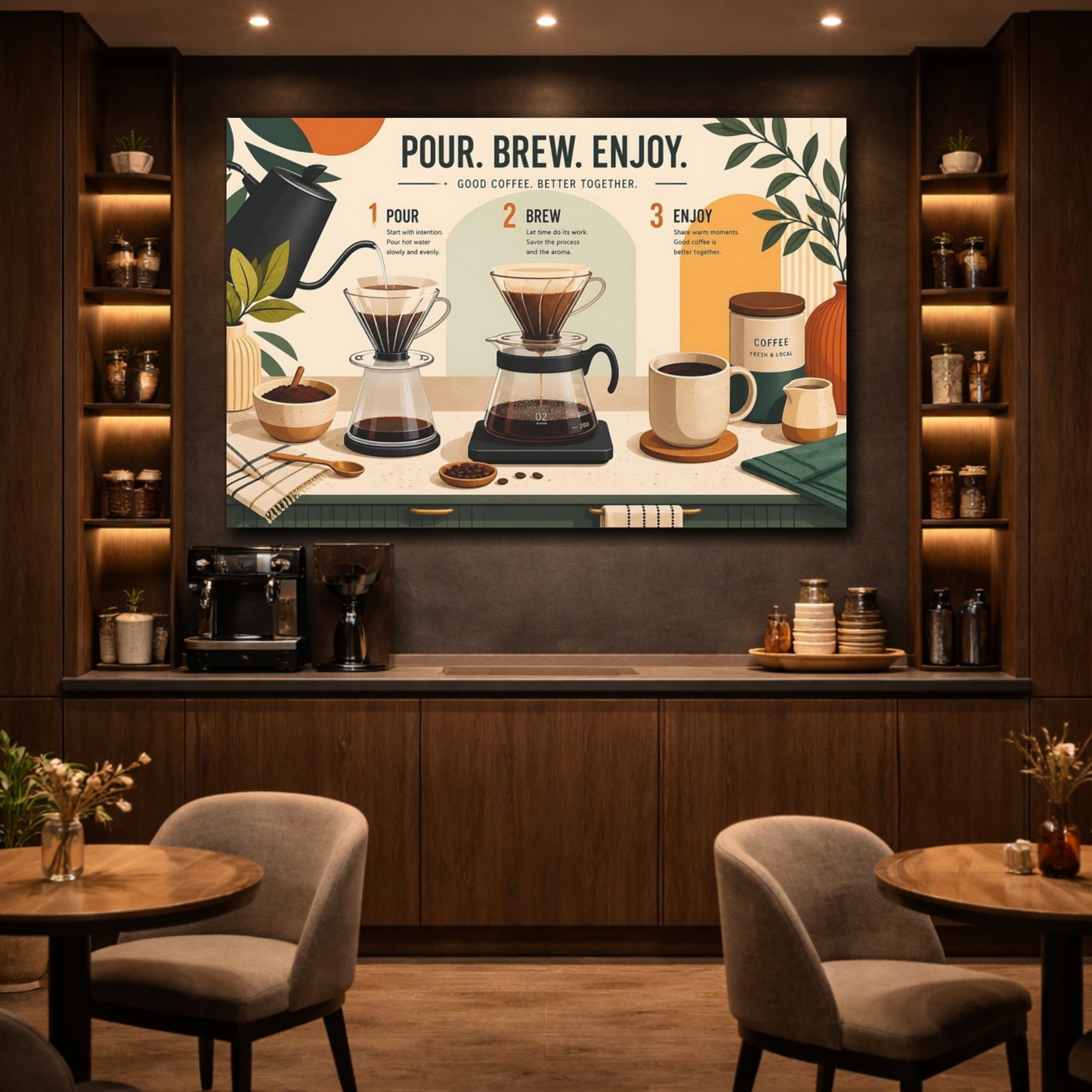 Mockup 4. Vintage Coffee Brewing Brown And Green shown as stretched canvas wall art