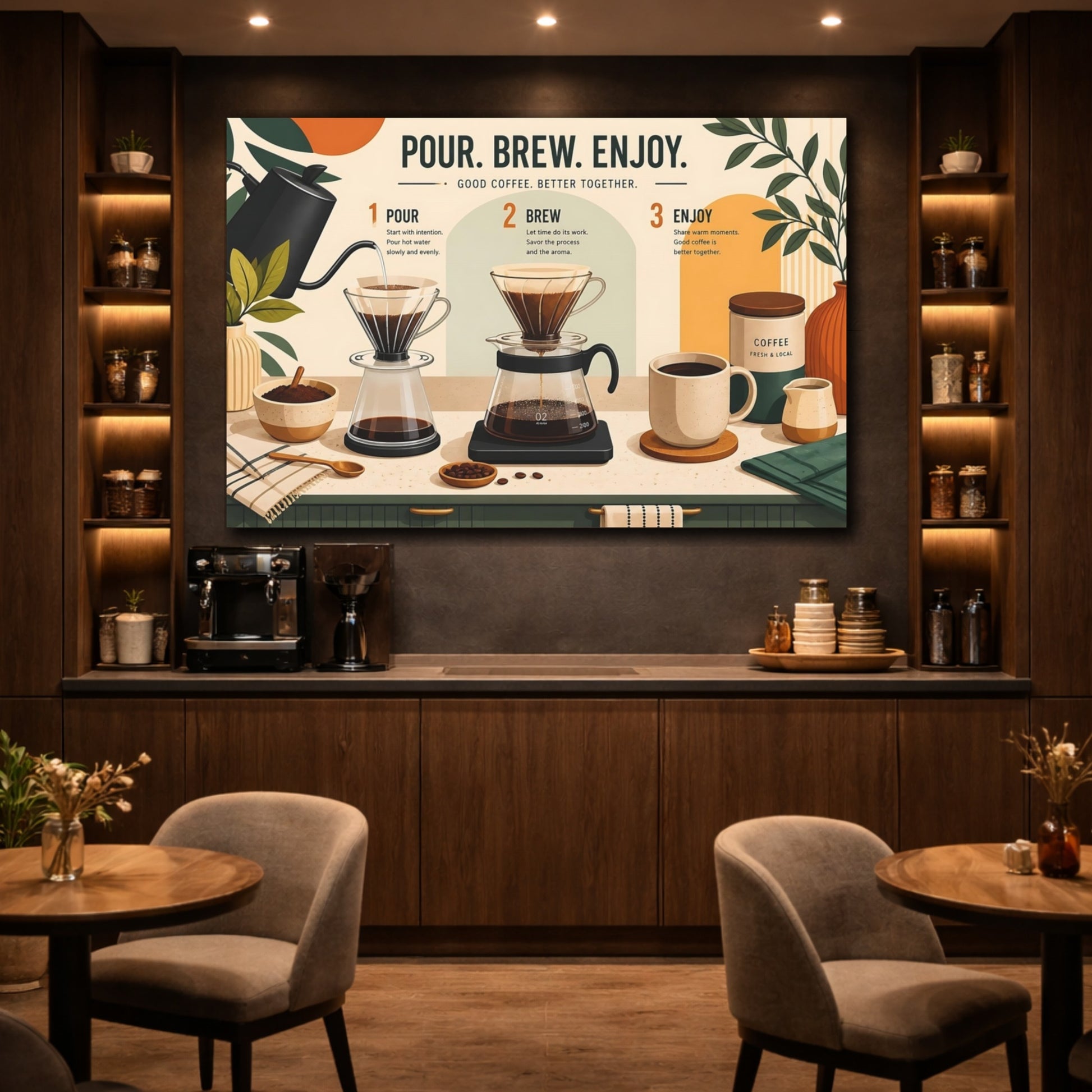 Mockup 4. Vintage Coffee Brewing Brown And Green shown as stretched canvas wall art