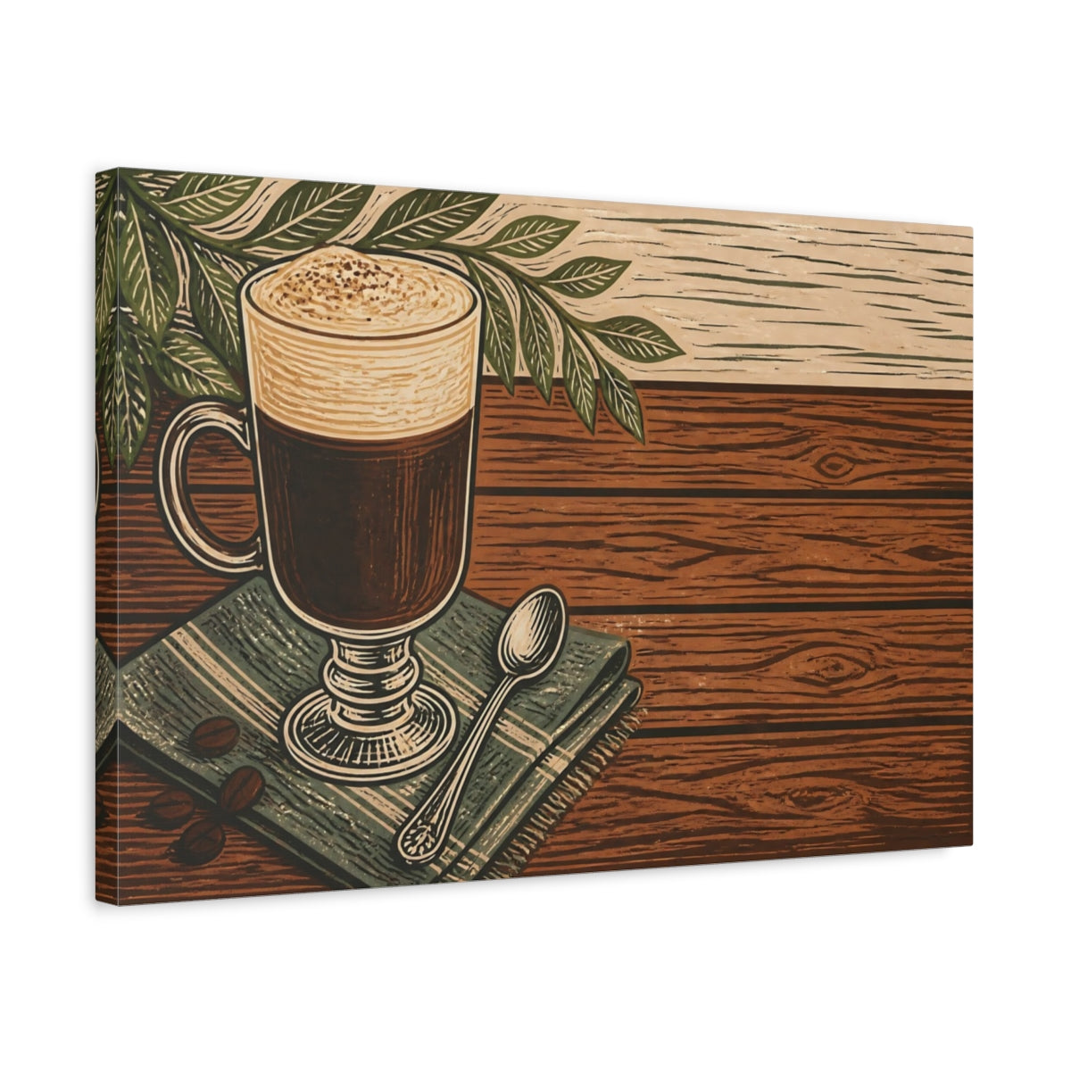 Side Mockup 3. Vintage Coffee Brown And Green Coffee shown as stretched canvas wall art