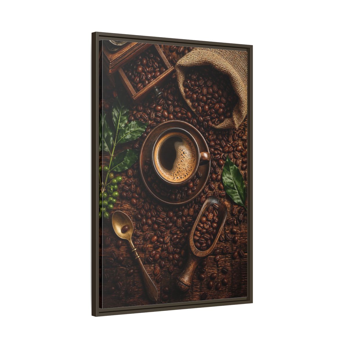 Main Mockup. Vintage Coffee Brown And Green Coffee shown as stretched canvas wall art