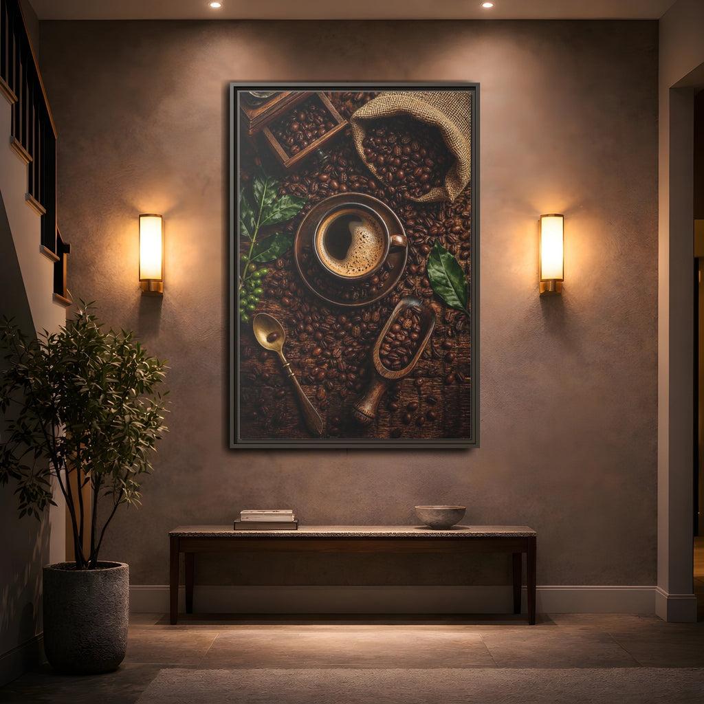 Mockup 2. Vintage Coffee Brown And Green Coffee shown as stretched canvas wall art